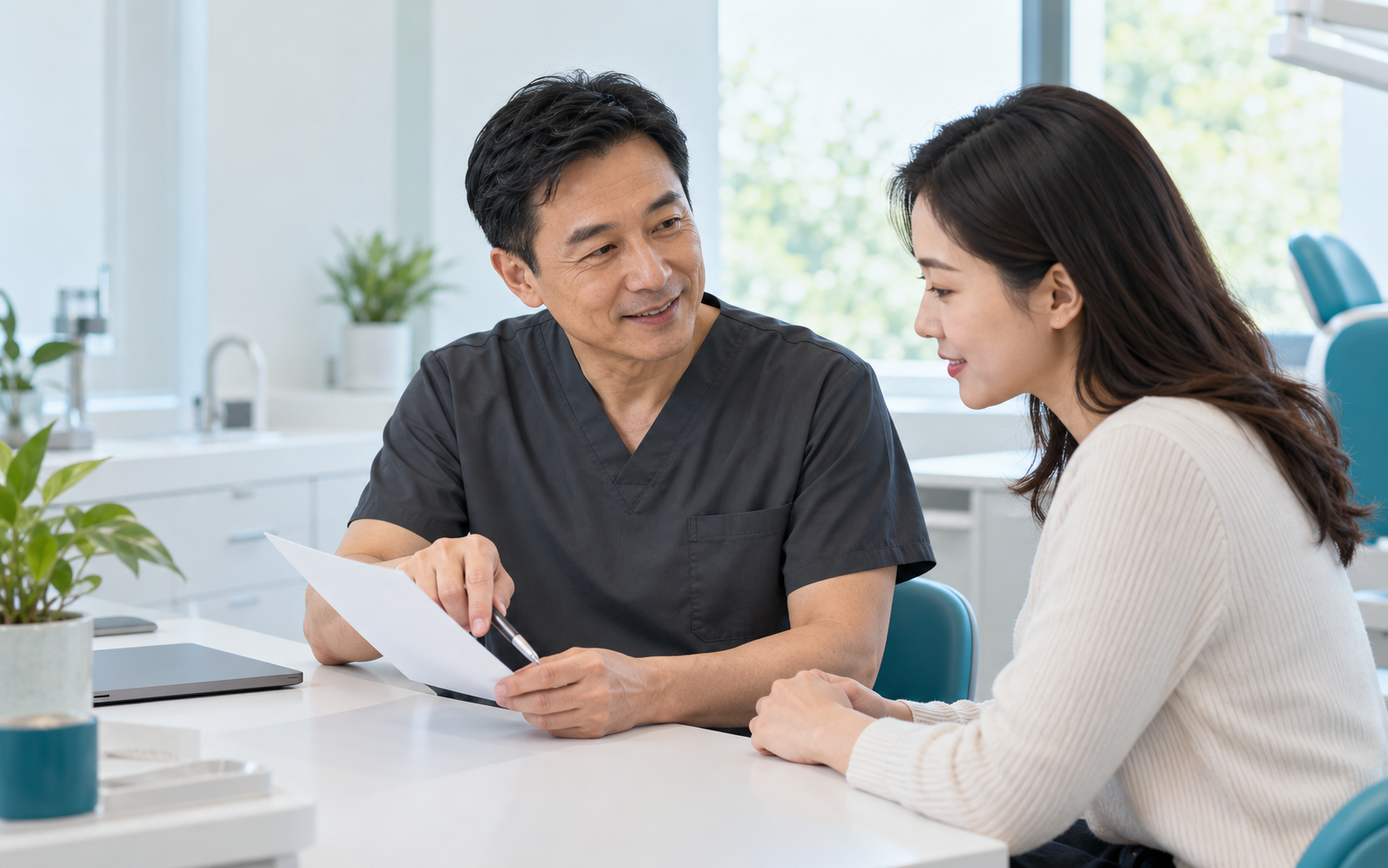 AI-generated consultation scene with fictional people; not practice staff or patients