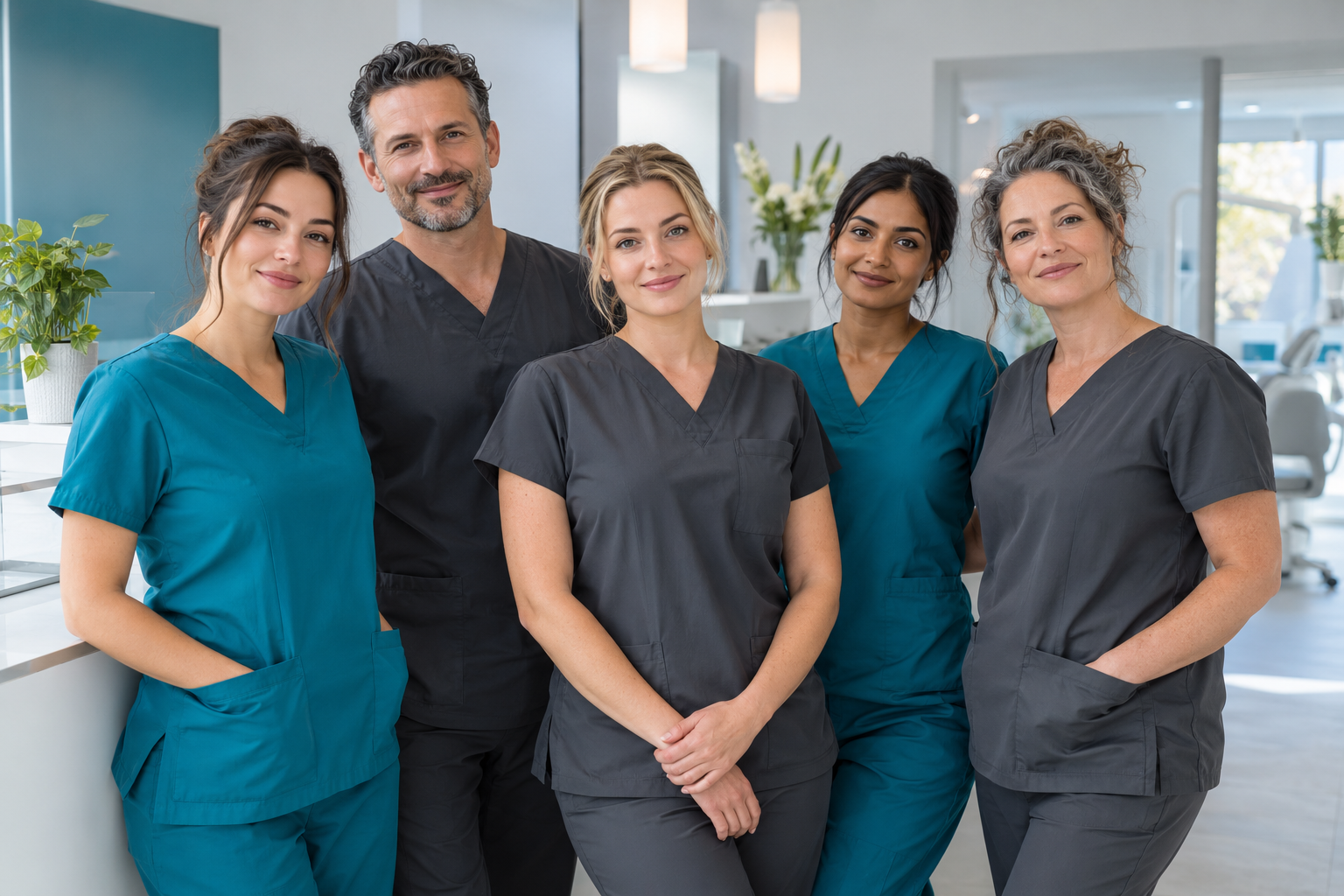 AI-generated illustration of five fictional people; not the actual AP Dental team
